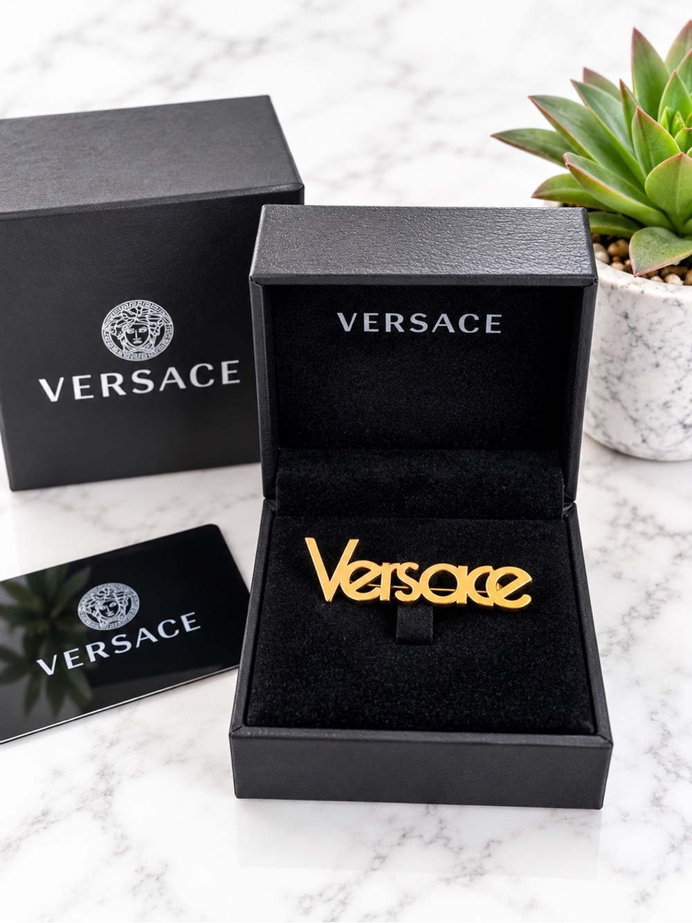 VERSACE - Gold-Tone 90’s Logo Pin Brooch